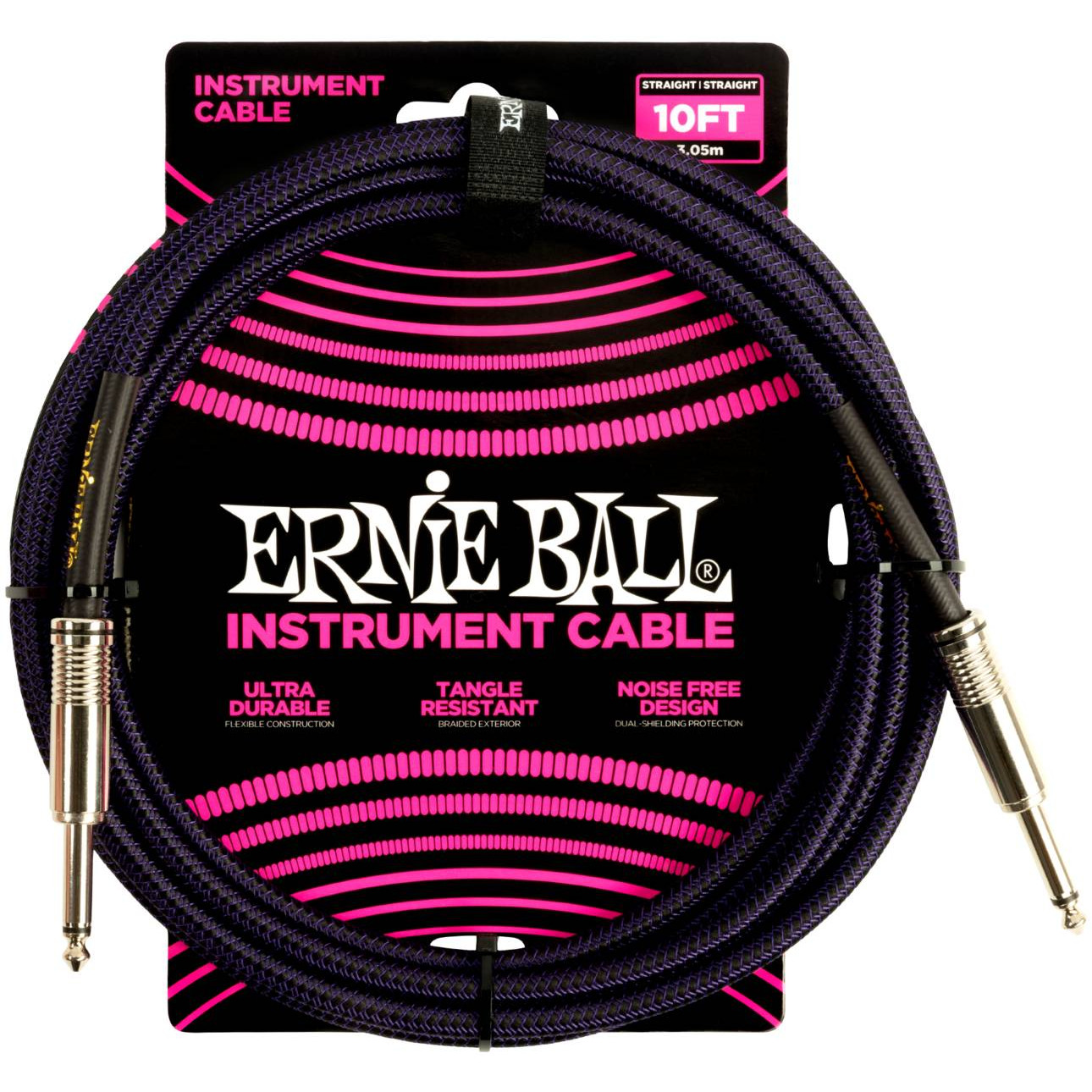 ERNIE BALL 6393 - инструментальный кабель оплетенный, 3,05 м, прямой/угловой джеки, черно-фиолетовый