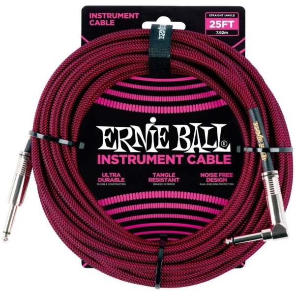 ERNIE BALL 6062 - кабель инструментальный, прямой /угловой джеки, длина 7,62м, цвет чёрный с красным