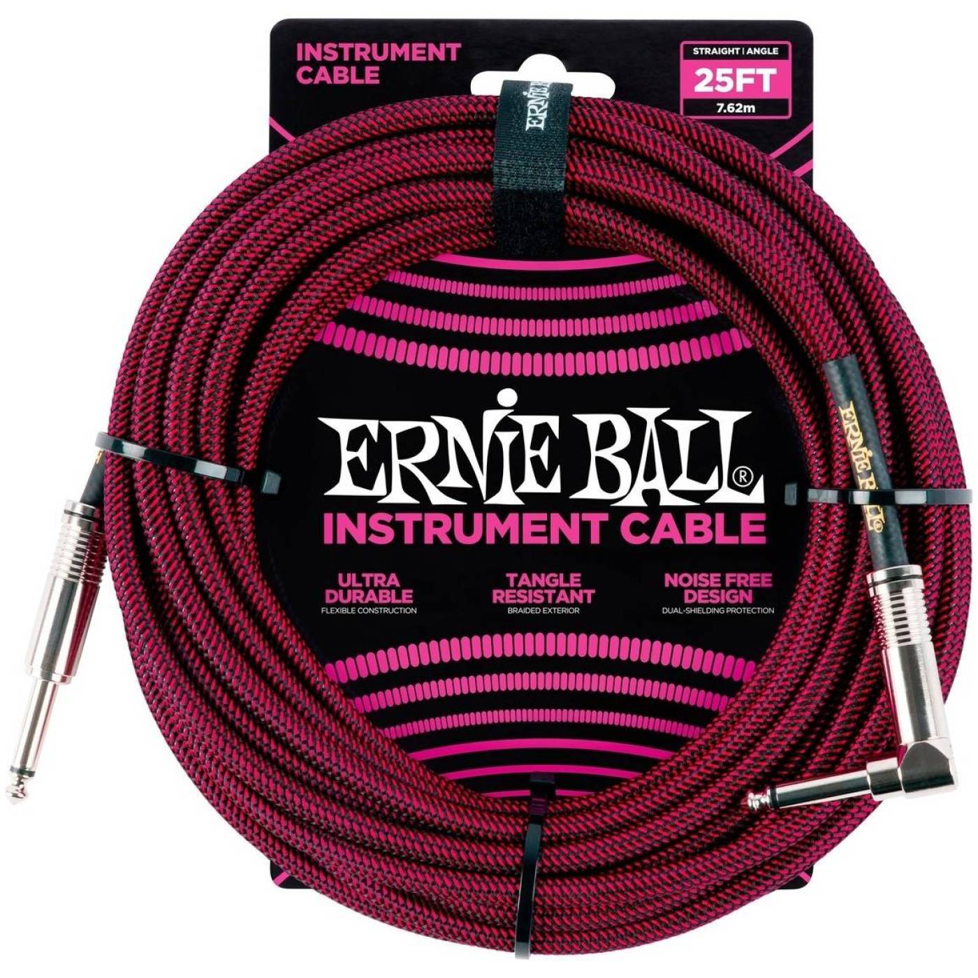 ERNIE BALL 6062 - кабель инструментальный, прямой /угловой джеки, длина 7,62м, цвет чёрный с красным