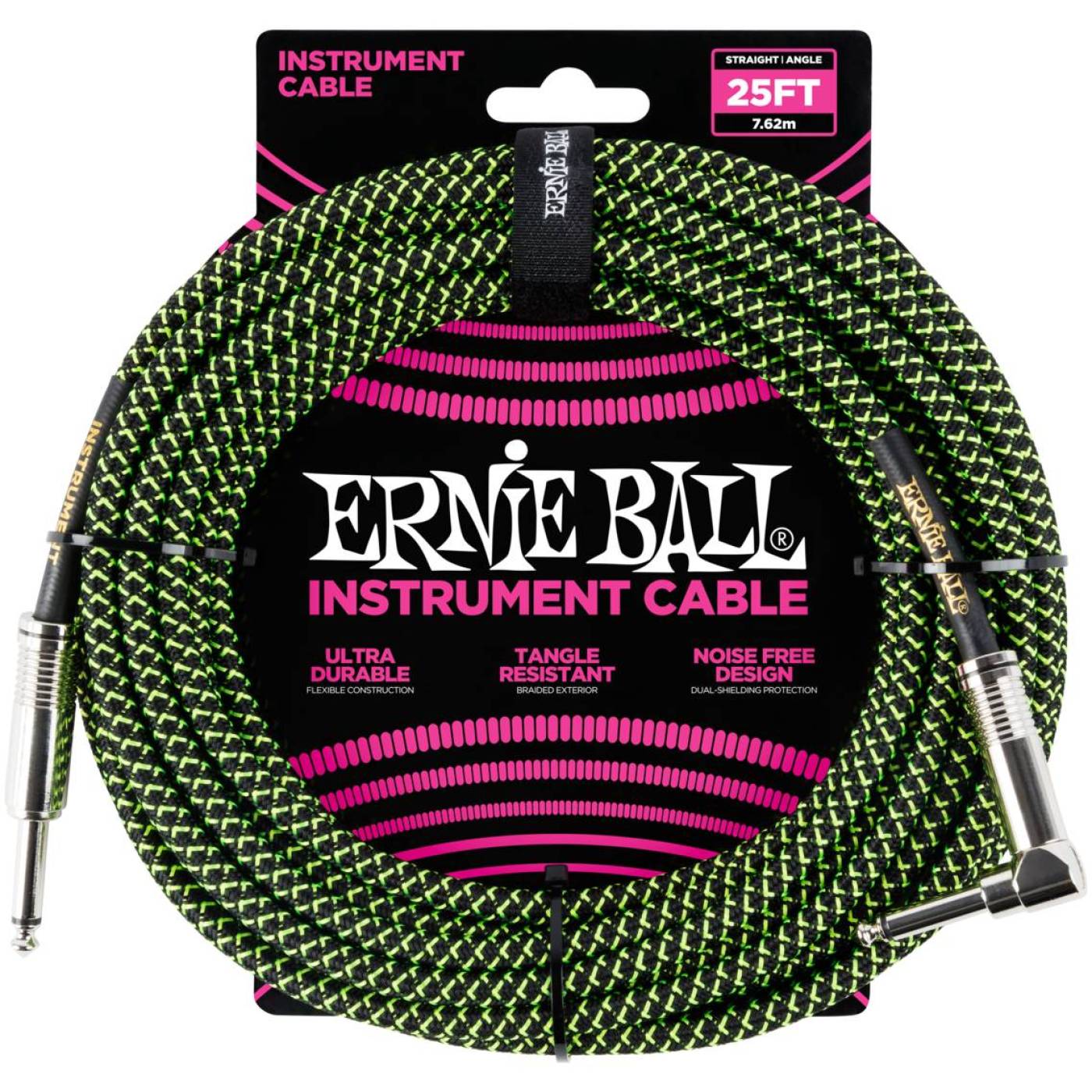 ERNIE BALL 6066 - кабель инструментальный, прямой / угловой джеки, 7,62м, цвет чёрный с зелёным