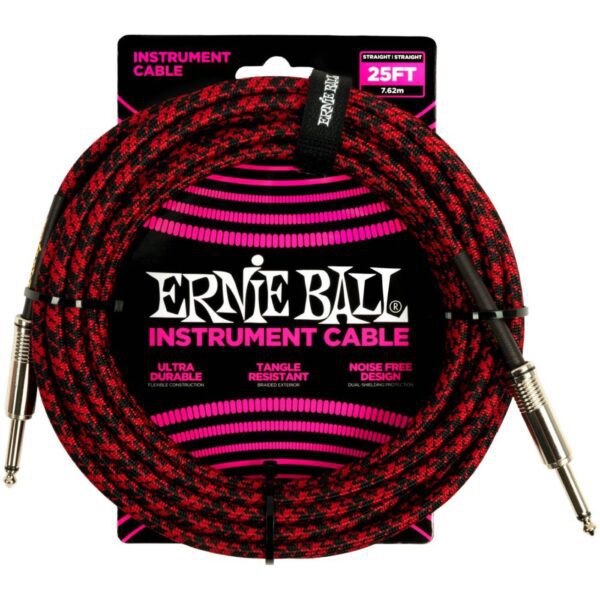 ERNIE BALL 6398 - кабель инструментальный, прямой/угловой джеки, 7,62м, красный/черный