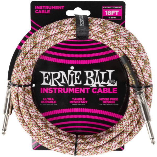 ERNIE BALL 6430 - кабель инструментальный, оплетёный, 5,49 м, прямые джеки, белый/красный/зеленый