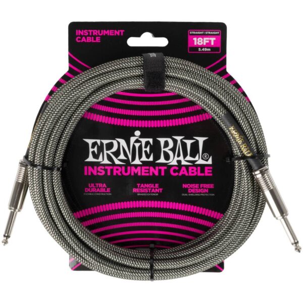 ERNIE BALL 6433 - кабель инструментальный, оплетёный, 5,49 м, прямые джеки, черно-серебряный