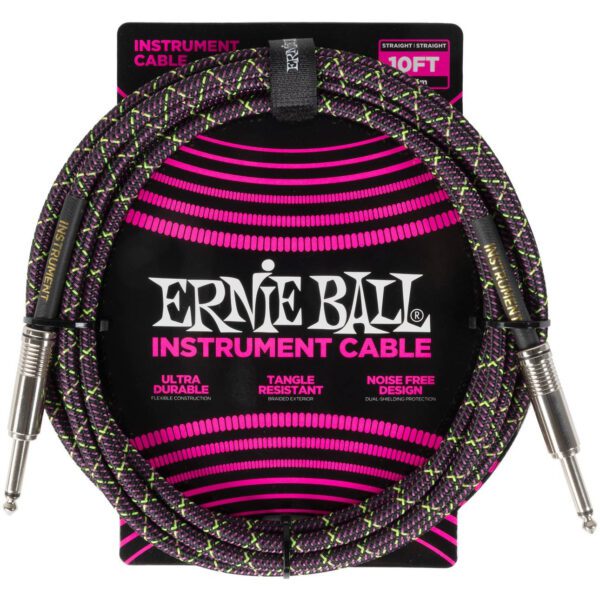 ERNIE BALL 6427 - кабель инструментальный, оплетёный, 3,05 м, прямые джеки, фиолетовый/зеленый