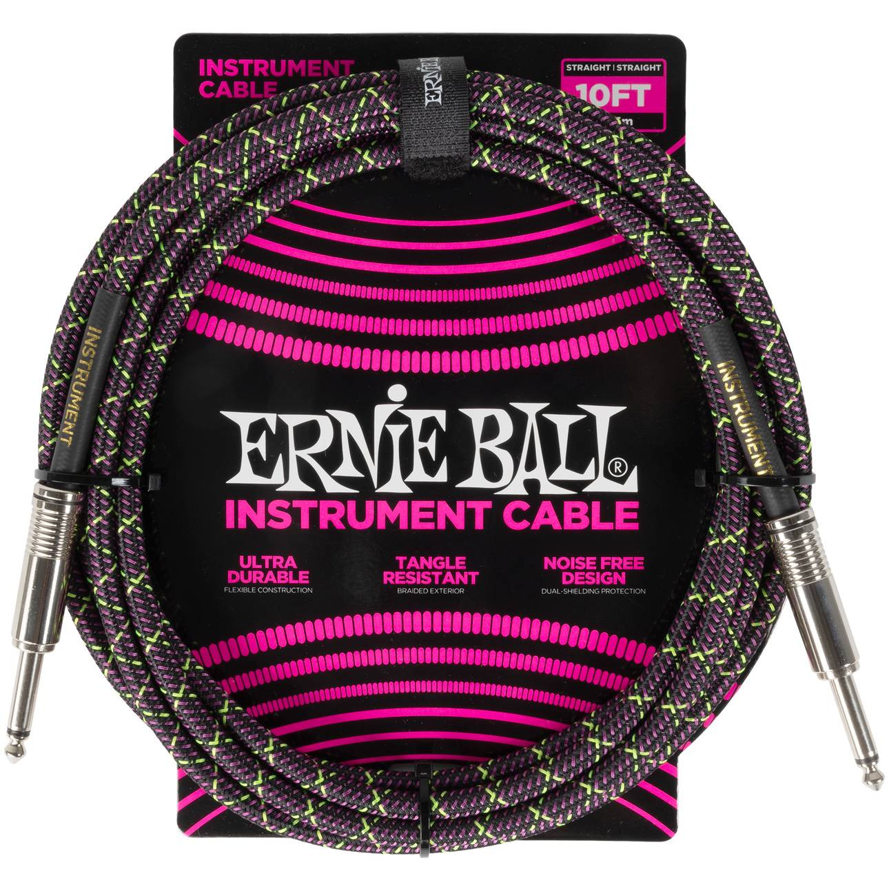 ERNIE BALL 6427 - кабель инструментальный, оплетёный, 3,05 м, прямые джеки, фиолетовый/зеленый