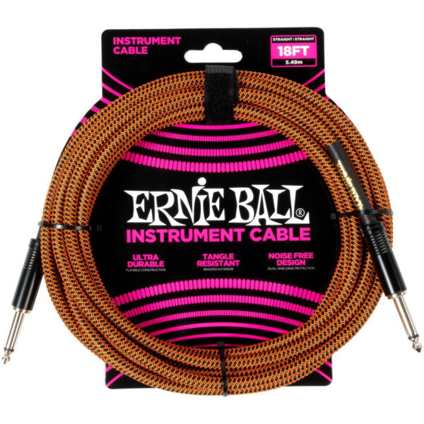 ERNIE BALL 6469 - кабель инструментальный, оплетёный, 5.49 м, прямые джеки, оранжевый